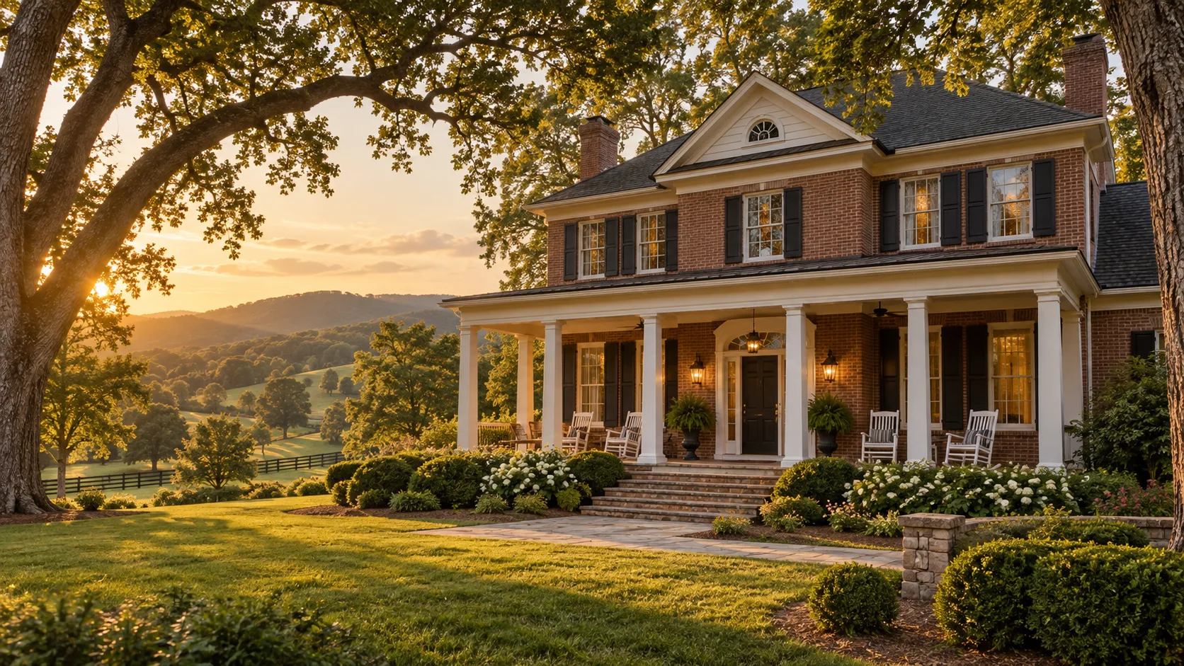 A brick home at golden hour, porch lights on