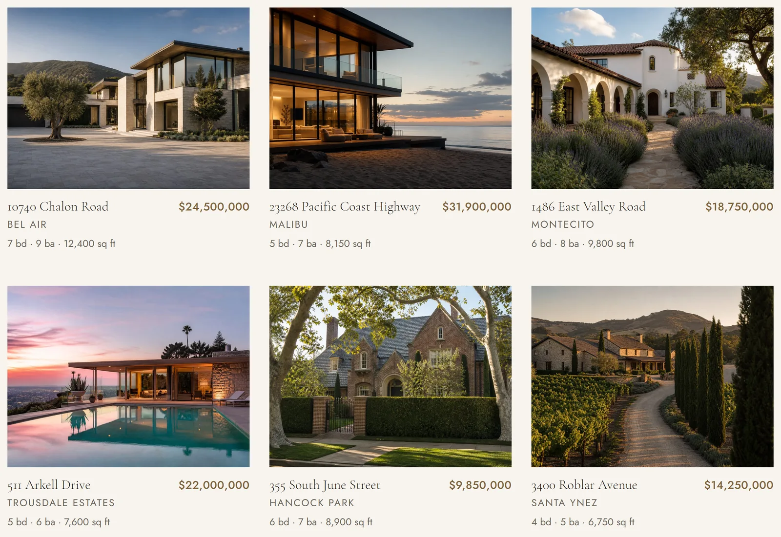 A grid of six listings with addresses, prices, and bed, bath and square-footage lines